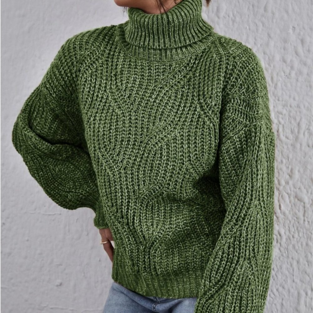 Green Casual High Neck Marled Knit Sweater Top - Picture 3 of 5